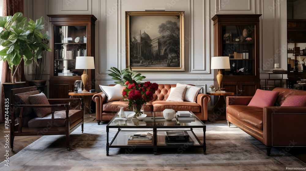 living room that blends historical and modern styles, with antique furniture and a sleek coffee table