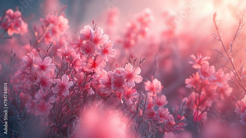 Sun-kissed pink flowers in a cinematic bloom, capturing the ethereal beauty of a garden at sunrise