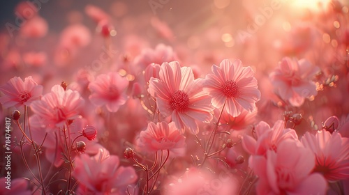 Sun-kissed pink flowers in a cinematic bloom, capturing the ethereal beauty of a garden at sunrise