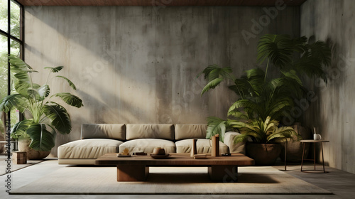 Brutalist living room with a concrete couch, a metal coffee table with a distressed finish, and a large monstera plant adding a touch of life to the space