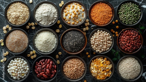 Top view of diverse grains and legumes on black marble table, healthy cooking concept