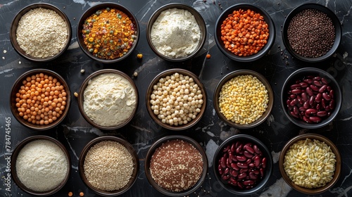 Top view of diverse grains and legumes on black marble table, healthy cooking concept