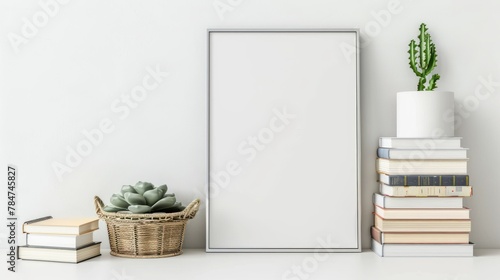 Blank Black Frame. Wooden Black Frame with plants in vases,mock up