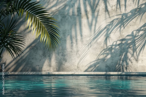 Tropical summer background with concrete wall, pool water and palm leaf shadow. Luxury hotel resort exterior for product placement. Outdoor vacation holiday house scene - generative ai