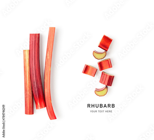 Raw rhubarb stem and slice isolated on white background.
