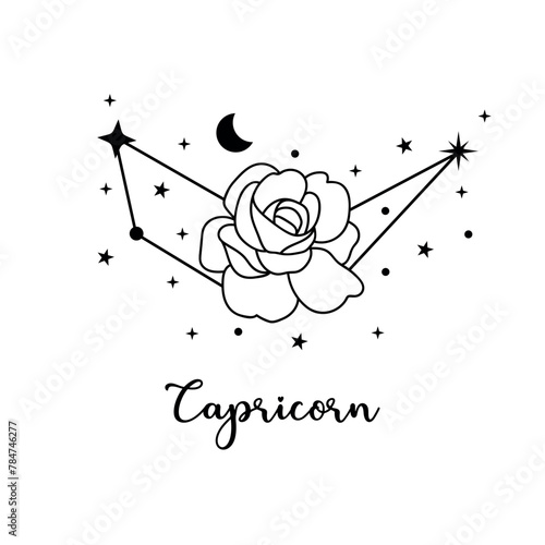 Capricorn zodiac sign with moon, flower and stars. Celestial constellation 