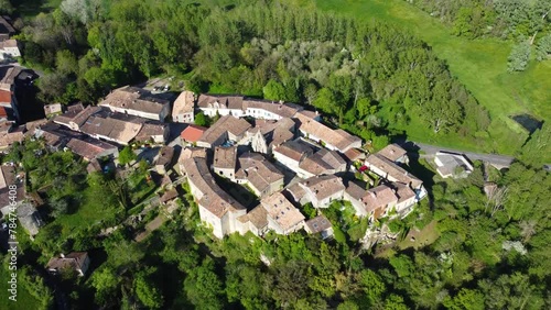 Colorful landscape view of the village of Castelmoron d'Albret in the Bordeaux region. Aerial view of the smallest village in France.