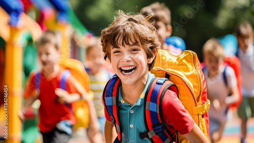 A joyful young boy with a backpack smiling brightly at the camera in a colorful playground on a sunny day. photo