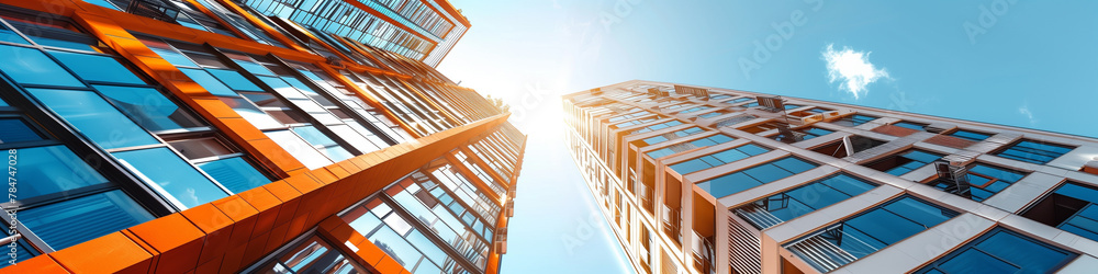 Modern office buildings with orange and blue glass facades, viewed from the ground looking up at it, architecture banner image Modern office buildings with orange and blue glass facades, viewed from the ground looking up at it, architecture banner image