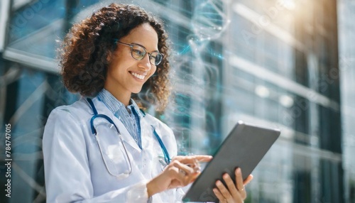 Medicine doctor touching electronic medical record on tablet. DNA. Digital healthcare and network connection on hologram modern virtual screen interface, medical technology and network concept. © Beste stock