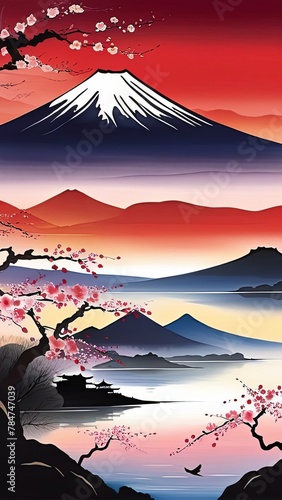 Mount Fuji majestically rising in background  framed by delicate cherry blossoms in full bloom  capturing essence of Japans natural beauty  cultural significance. For art  fashion  style  magazines.