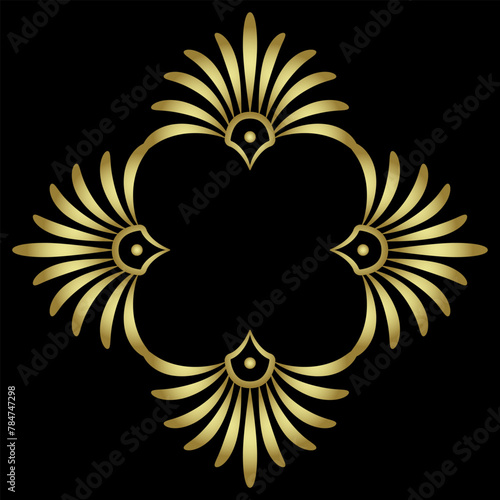 Geometrical ethnic frame with floral Ancient Greek palmette motifs. Golden glossy silhouette on black background.
