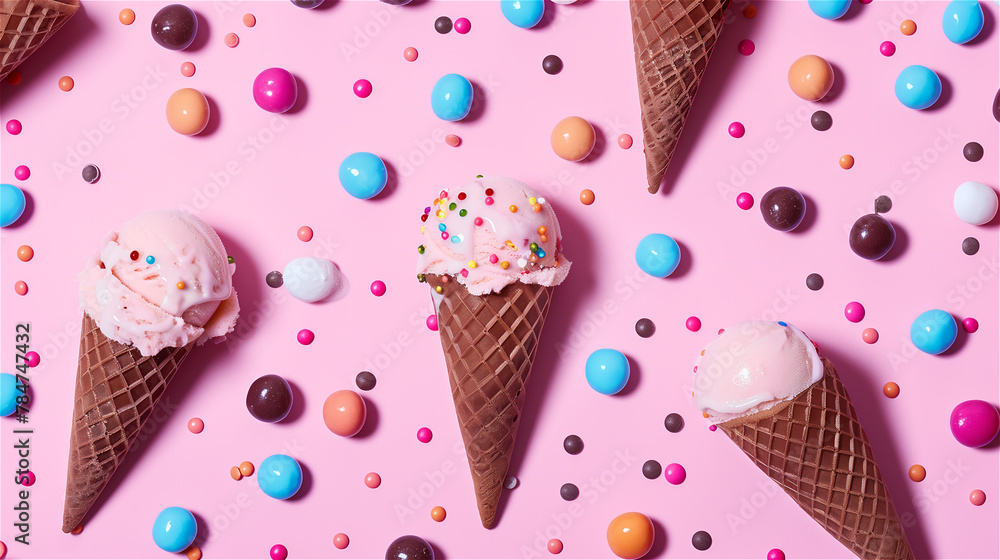 Flat lay ice cream cone and other sweets background.