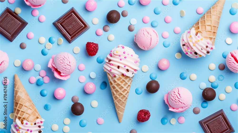 Flat lay ice cream cone and other sweets background.