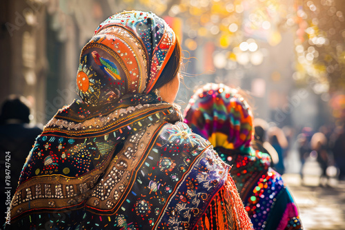 Women walking on a city street in colorful, traditional clothing and headscarfs, showcasing cultural fashion and diversity.