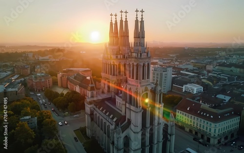 a very tall cathedral towering over a city at sunset
