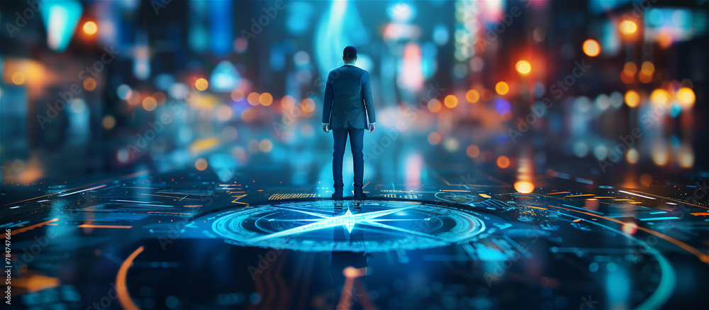 A close-up of a digital compass and silhouette businessman who is staying on it that marks: strategy for businesses, path on the future, creative strategy, market decision, financial stock, company or
