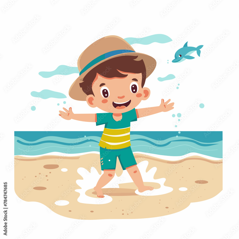 Cute little boy playing on the beach. Vector cartoon character illustration