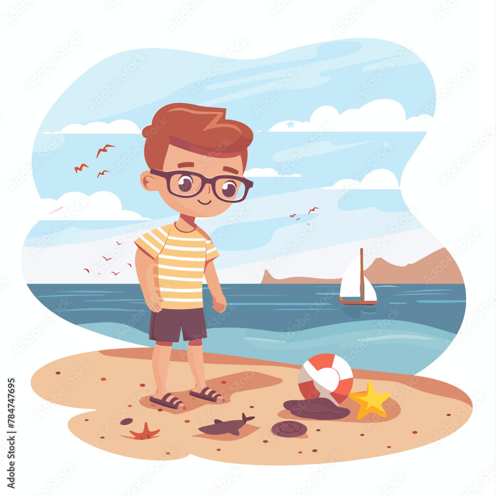 Cute little boy playing on the beach. Vector flat cartoon illustration