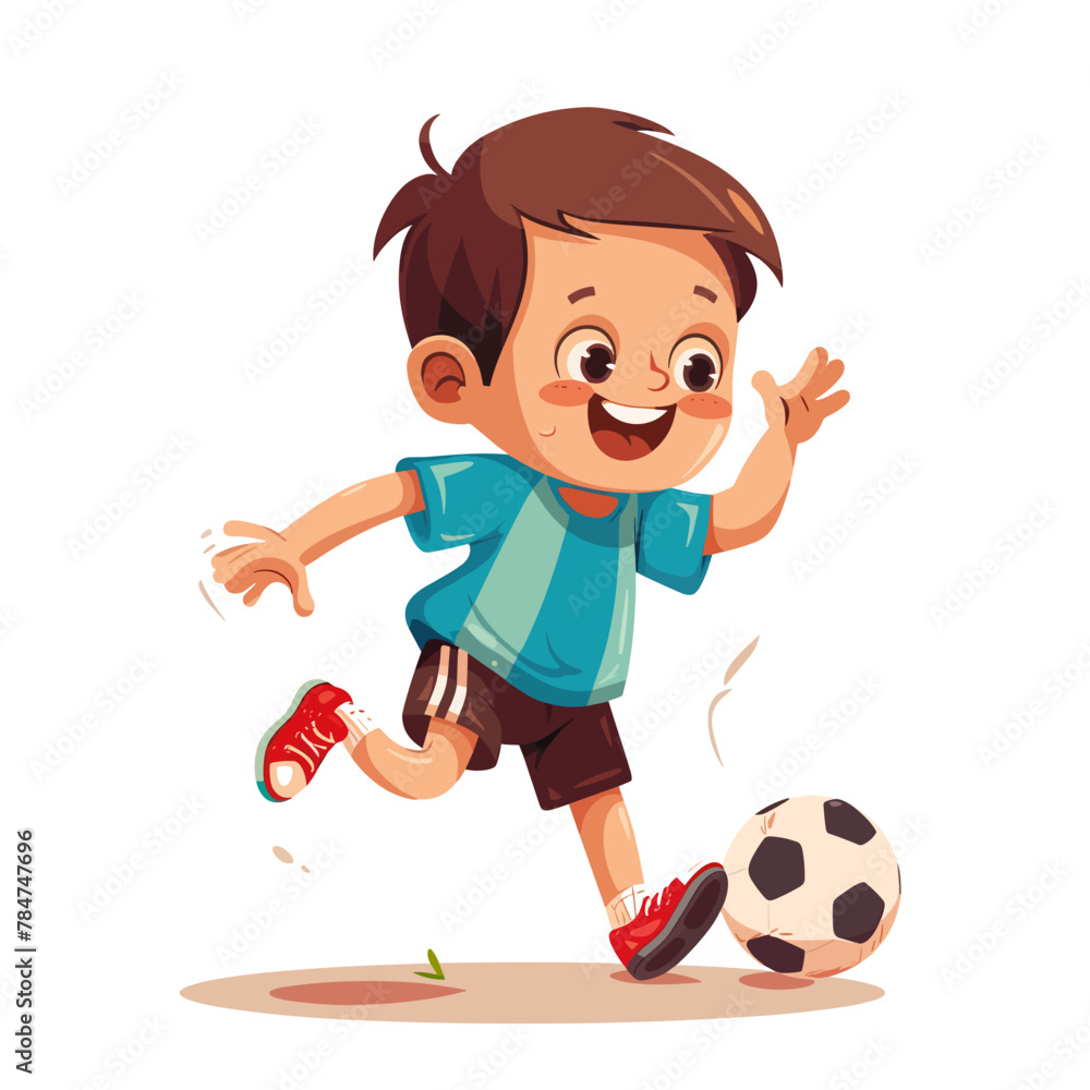 Cute little boy playing soccer, cartoon vector illustration isolated on white background.