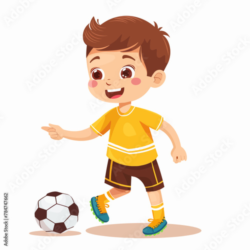 Cute little boy playing soccer. Cartoon vector illustration isolated on white background.