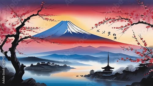 Mount Fuji at sunset  capturing majestic silhouette of mountain against vibrant  colorful sky as sun dips below horizon  creating tranquil scene. For art  creative projects  fashion  style  magazines.