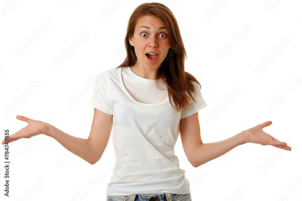 Charming woman wearing a white shirt looks surprised, her mouth open and eyes wide Charming woman wearing a white shirt looks surprised, her mouth open and eyes wide
