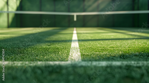 Low perspective view on empty tennis court with net and white line.