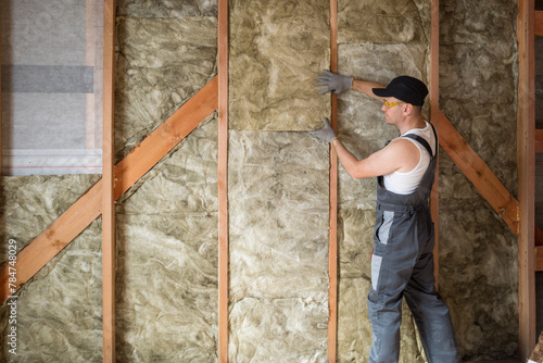Tableau sur toile a construction worker insulates the wall of a frame house with mineral wool