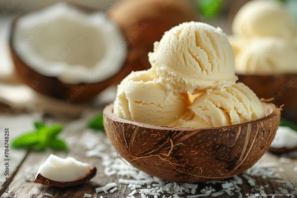 Coconut ice cream, bowl of ice cream is sitting on top of a coconut shell Coconut ice cream, bowl of ice cream is sitting on top of a coconut shell