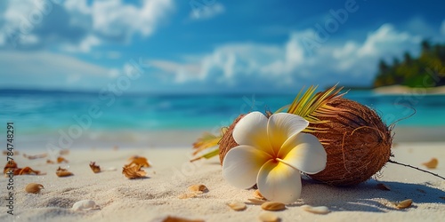 White flowers are on a beach next to a coconut. The scene is peaceful and relaxing, with the ocean in the background
