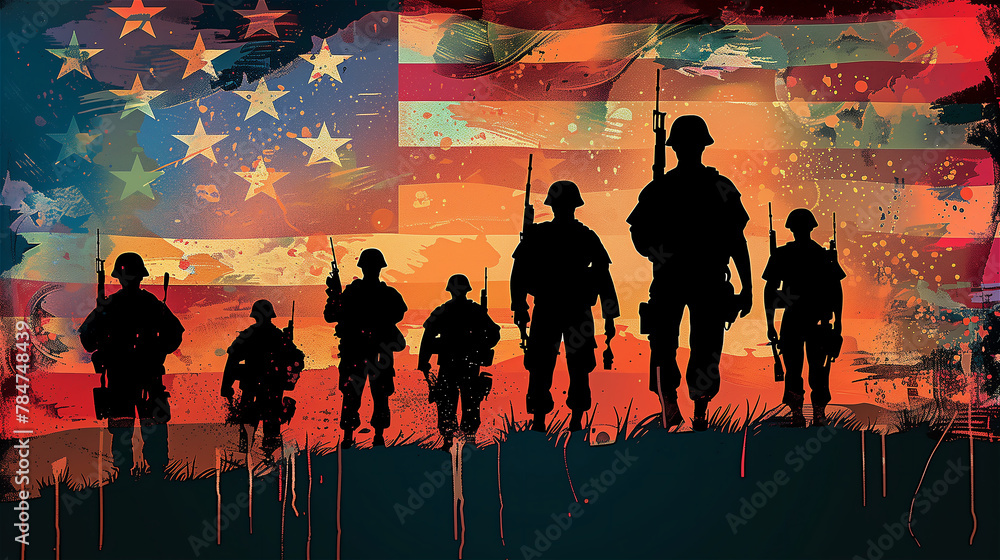 Illustration for use on Veterans Day, Memorial Day or other international holiday in the USA. An illustration showing silhouettes of soldiers against the background of the American flag.