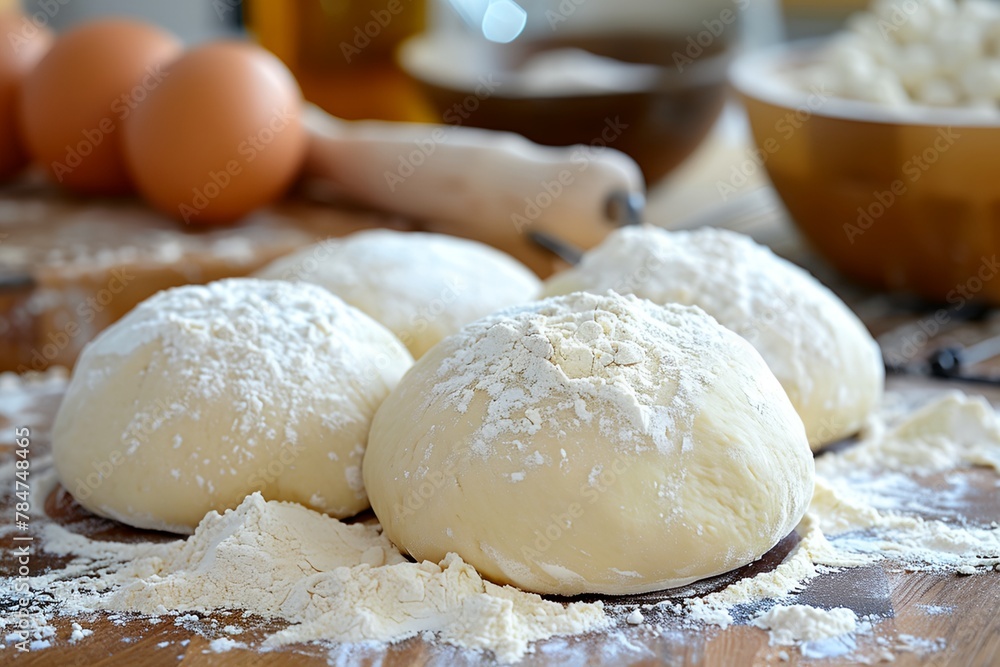 A few dough balls are sitting on a table covered in flour A few dough balls are sitting on a table covered in flour
