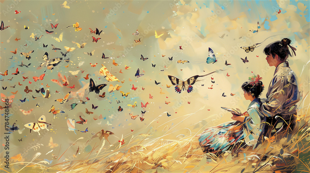 Father with daughter sitting on the hill and watching the butterflies flying above the meadow. Oil painting on canvas.
