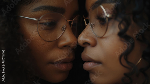 Two women with curly hair and glasses intimately lean close, their faces almost touching, expressing a close bond