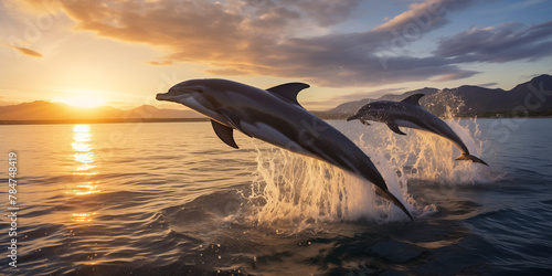 A group of dolphins leaping joyfully in unison  their synchronized jumps creating a mesmerizing display of aquatic grace. 