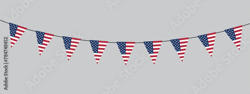 USA flag bunting garland, string of triangular flags, national colors, pennant, retro style vector illustration