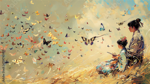 Obraz na płótnie Father with daughter sitting on the hill and watching the butterflies flying above the meadow. Oil painting on canvas. w salonie