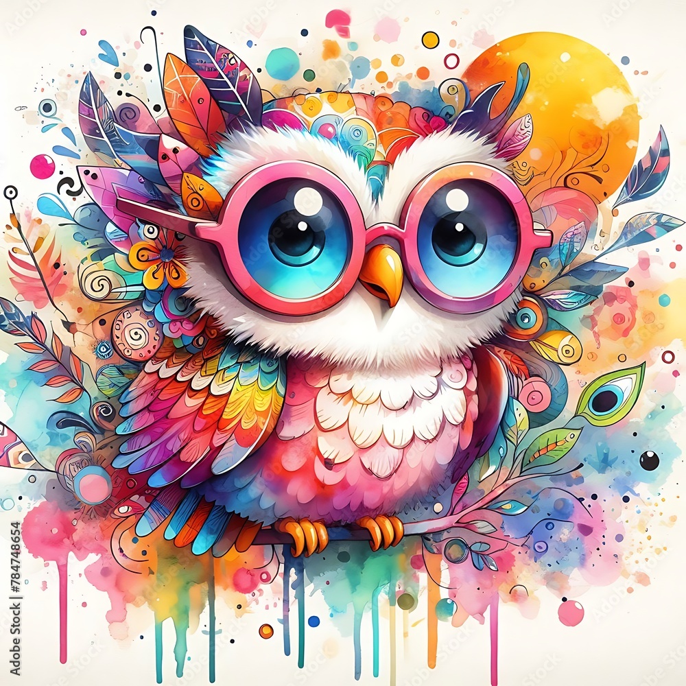 Whimsical Cartoon Owl: Abstract Watercolor Painting with Colorful Details and Sunglasses, Ideal for T-shirt Prints or High-Quality Wall Art.