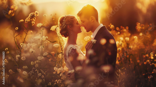 A bride and groom share a romantic kiss in a field of colorful flowers, surrounded by natures beauty at sunset