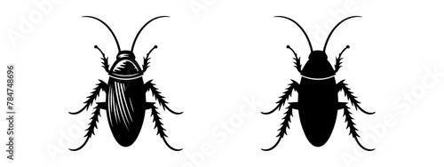 Cockroach black silhouettes, detailed and solid. Insect vector illustration set. On white backdrop Concept of pest control, infestation, home hygiene. For design, print, educational material
