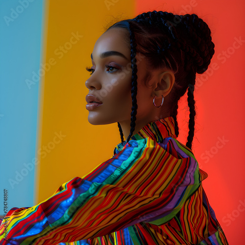 African American woman with cornrows in colorful clothes, suitable for Valentine's Day, Mother's Day, and International Women's Day promotions. photo