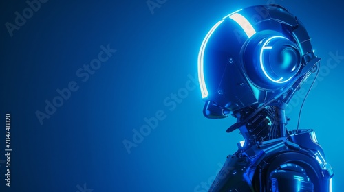 a head of humanoid robot on the right side of blue neon background