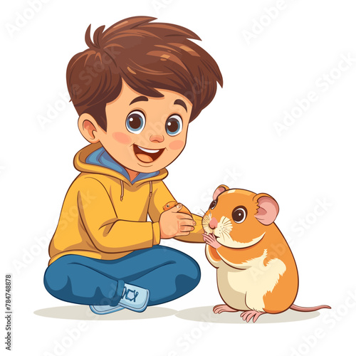 Cute little boy playing with hamster. Vector cartoon illustration.