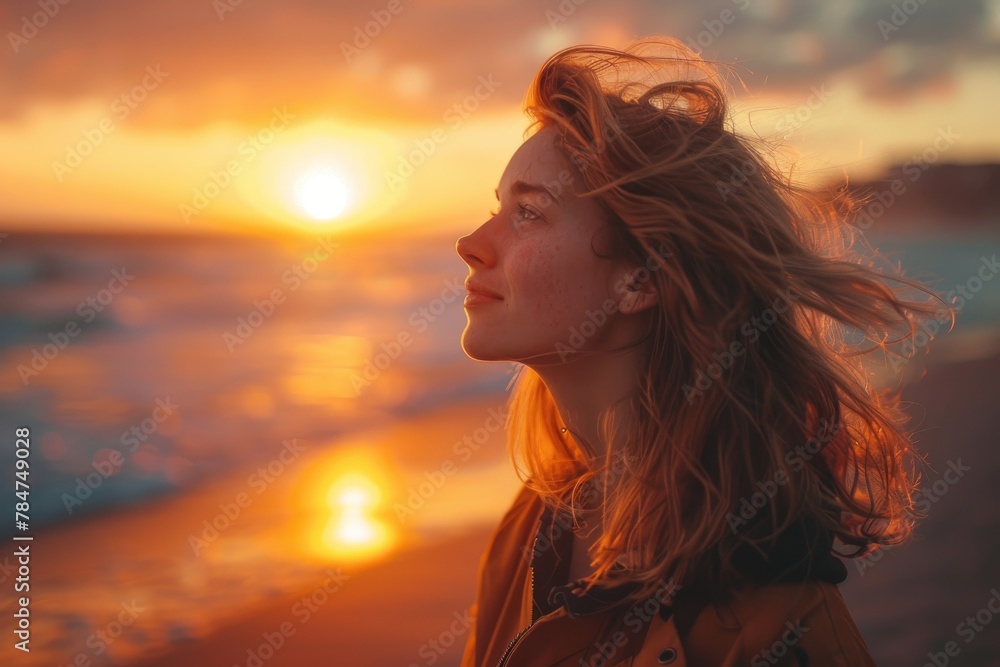 Blurred face woman with wind-blown hair gazing at the sea during a vibrant sunset Blurred face woman with wind-blown hair gazing at the sea during a vibrant sunset