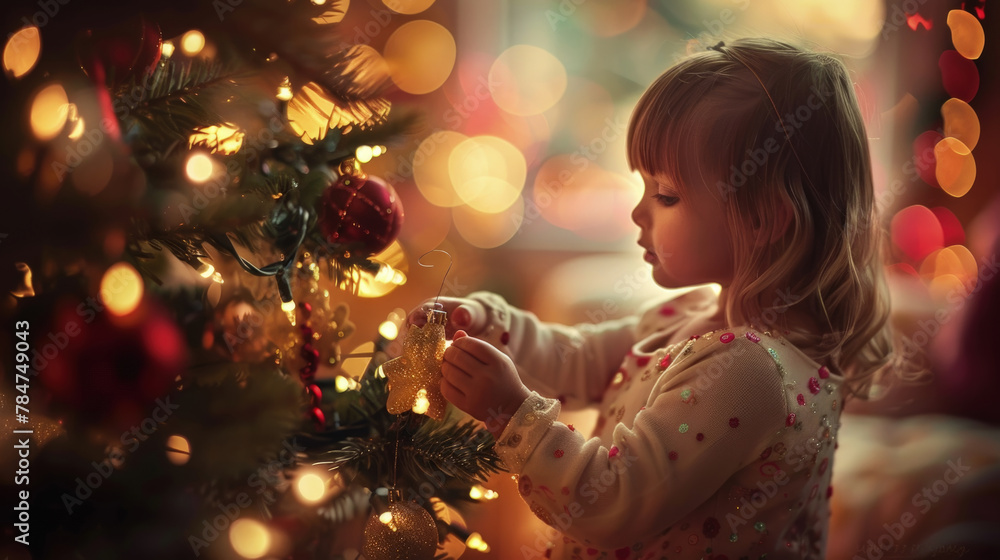 A young girl is cheerfully decorating a Christmas tree with colorful ornaments and twinkling lights A young girl is cheerfully decorating a Christmas tree with colorful ornaments and twinkling lights