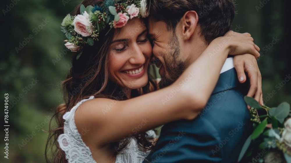 Obraz premium A bride and groom standing close and embracing each other affectionately in the midst of a dense wooded area