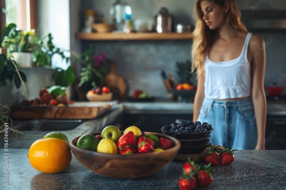 A woman stands near a table of vibrant fresh produce in a modern kitchen A woman stands near a table of vibrant fresh produce in a modern kitchen