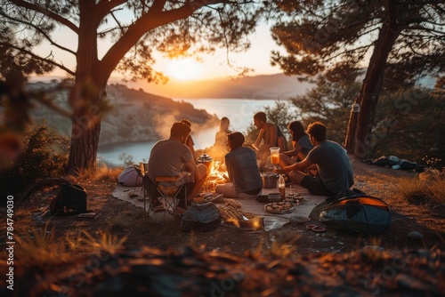 A group of friends gathers around a bonfire, enjoying a meal and sunset