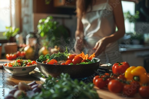A woman is cooking fresh vegetables on a stove in a sunlit kitchen